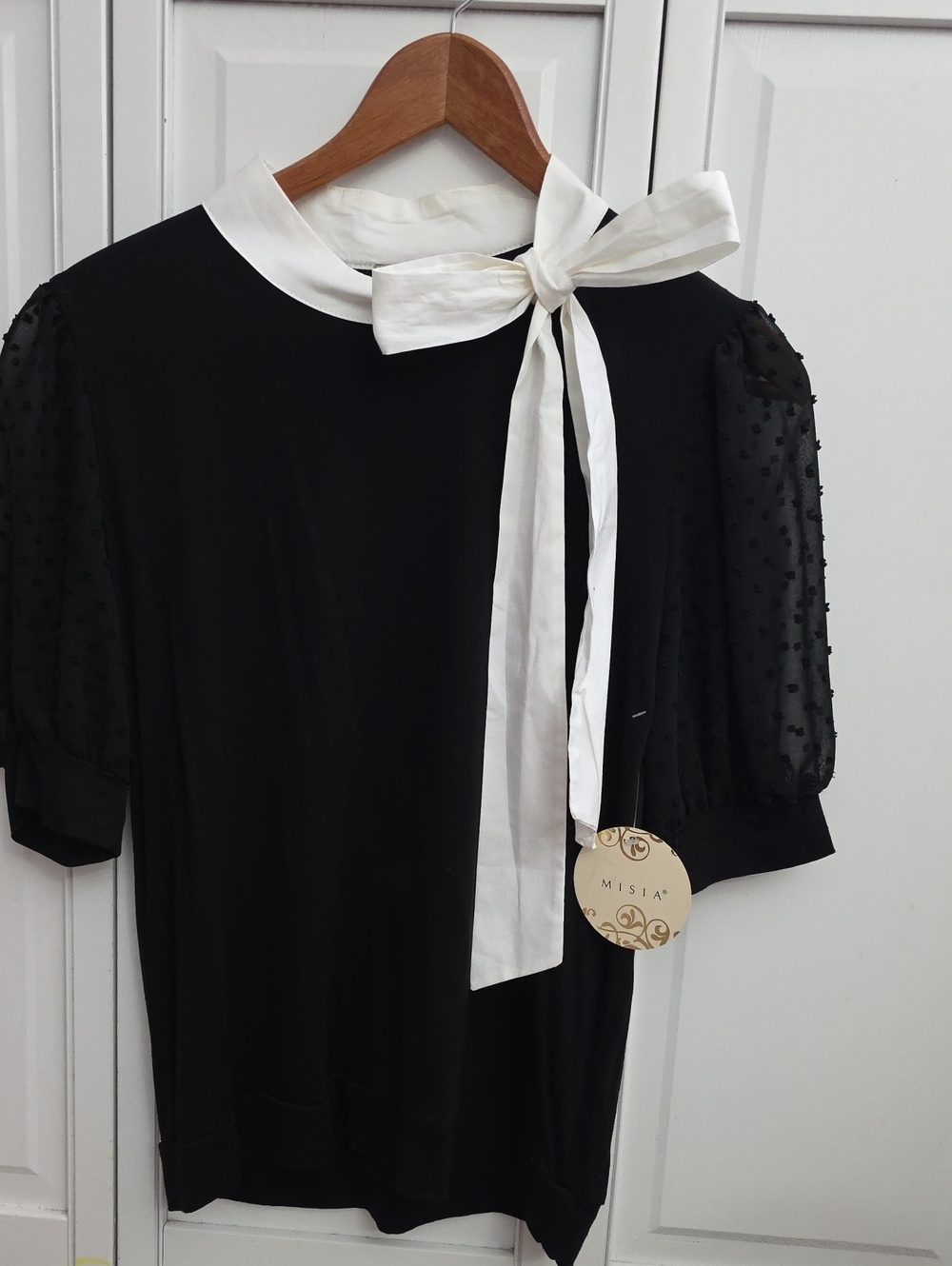 Misia Black Top with White Tie-Neck and Sheer Puff Sleeves